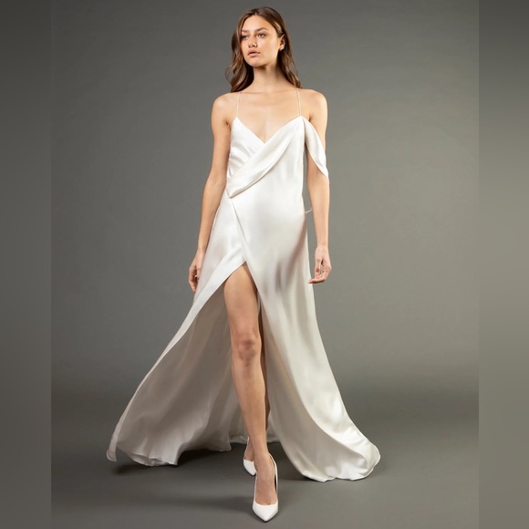 Michelle Mason STRAPPY WRAP GOWN WITH COWL - IVORY - Picture 2 of 13